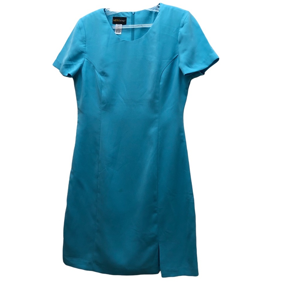 Metrostyle Short Sleeve Sheath Dress with Off Center Front Split W Size 10 Blue